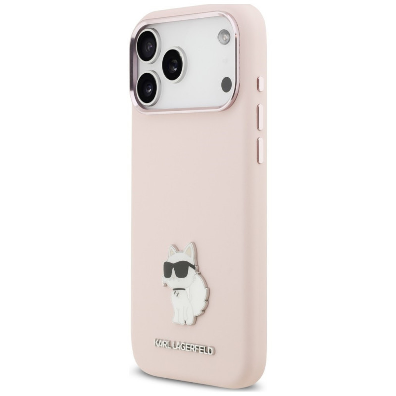 Funda Karl Lagerfeld Silicone Choupette Metal Pin para Apple iPhone 18 Pro Max / 17 Pro Max, rosa