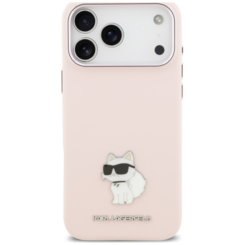 Funda Karl Lagerfeld Silicone Choupette Metal Pin para Apple iPhone 18 Pro Max / 17 Pro Max, rosa
