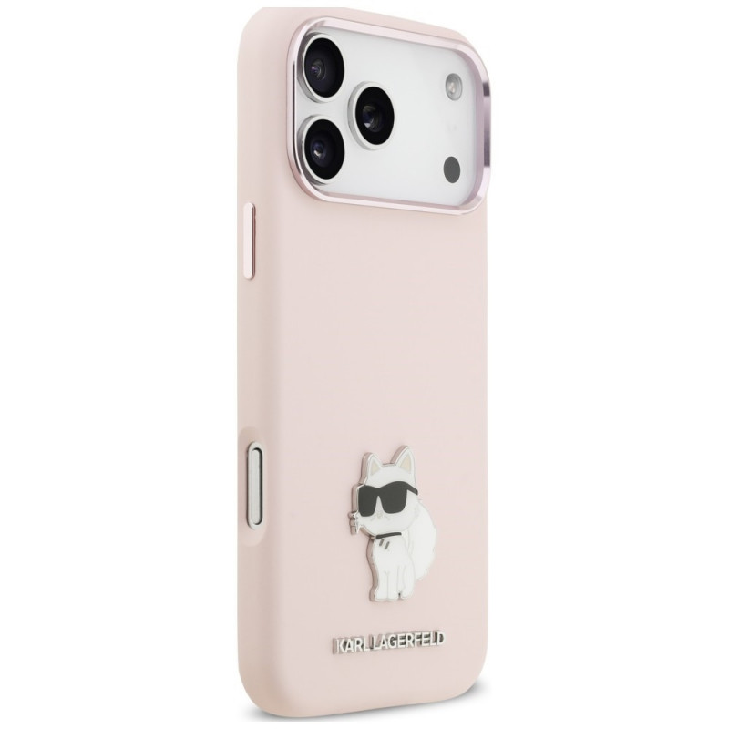 Funda Karl Lagerfeld Silicone Choupette Metal Pin para Apple iPhone 18 Pro Max / 17 Pro Max, rosa