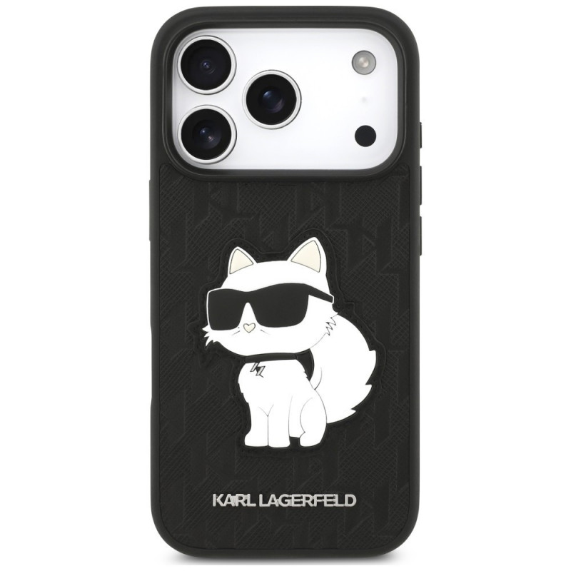 Funda Karl Lagerfeld Saffiano Mono Patch Choupette para Apple iPhone 18 Pro / 17 Pro, negra