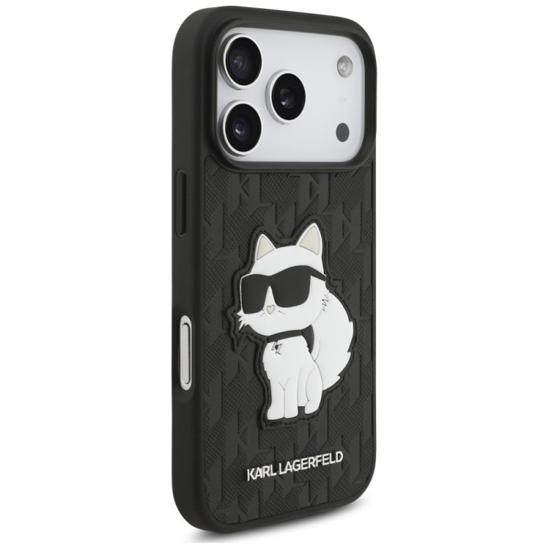 Funda Karl Lagerfeld Saffiano Mono Patch Choupette para Apple iPhone 18 Pro / 17 Pro, negra