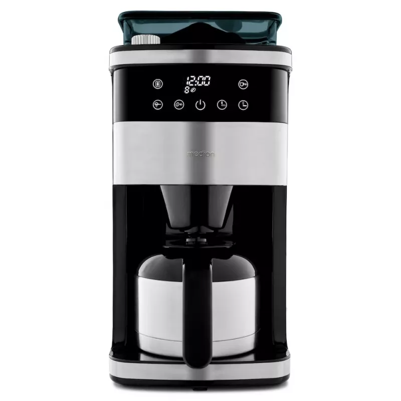 Cafetera de filtro Medion MD 19911 con molinillo, jarra térmica, 1000 W, plata/negro