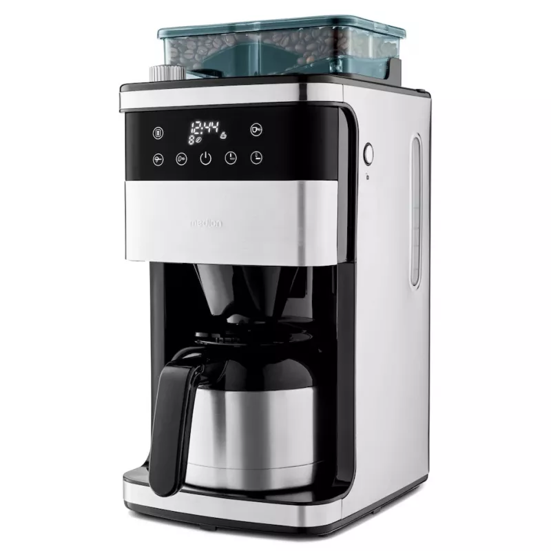 Cafetera de filtro Medion MD 19911 con molinillo, jarra térmica, 1000 W, plata/negro
