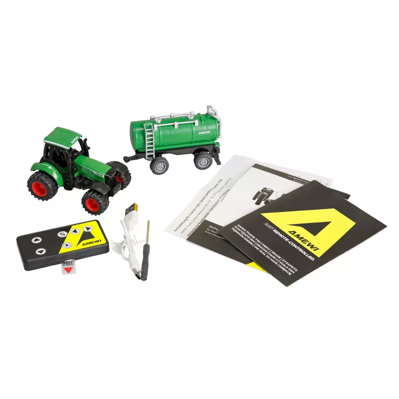 Tractor metálico Amewi con remolque cisterna, 1:64, RTR, verde