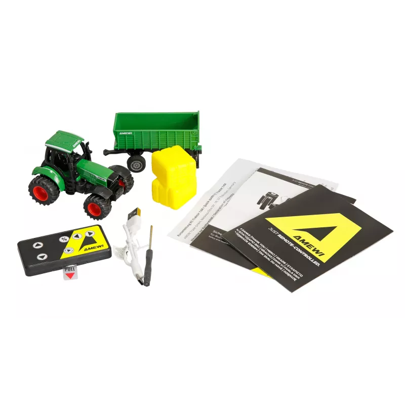 Tractor metálico Amewi con remolque, 1:64, RTR, verde