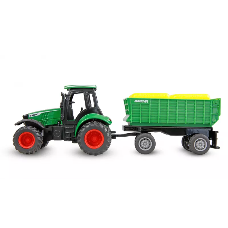 Tractor metálico Amewi con remolque, 1:64, RTR, verde