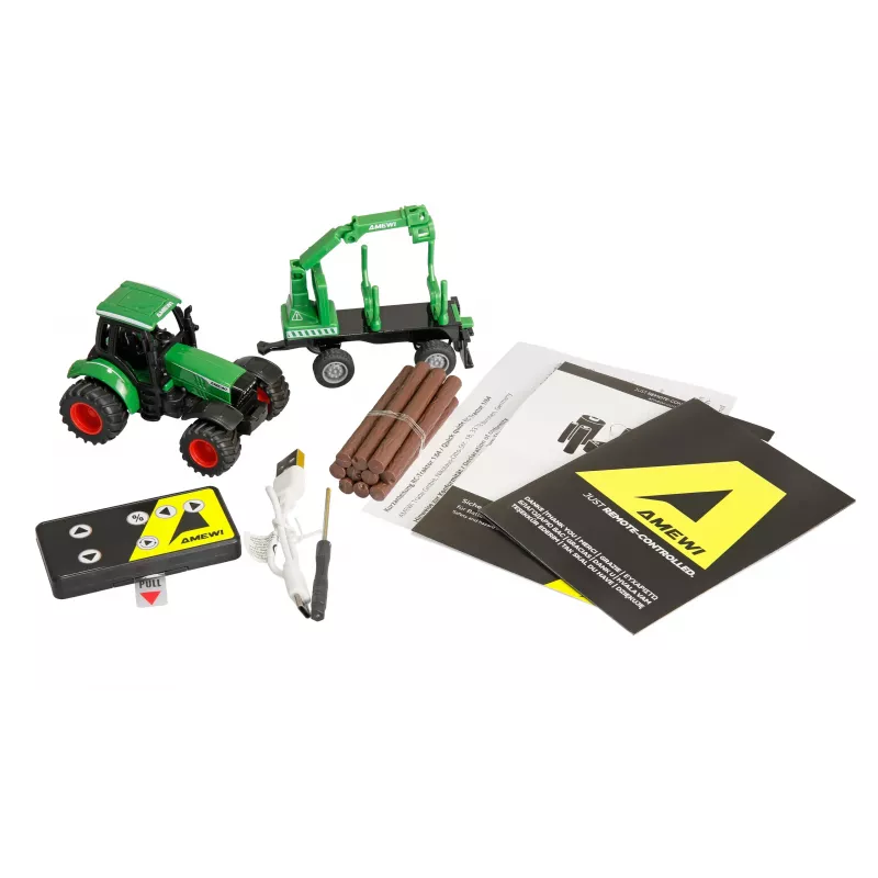 Tractor metálico Amewi con remolque forestal, 1:64, RTR, verde