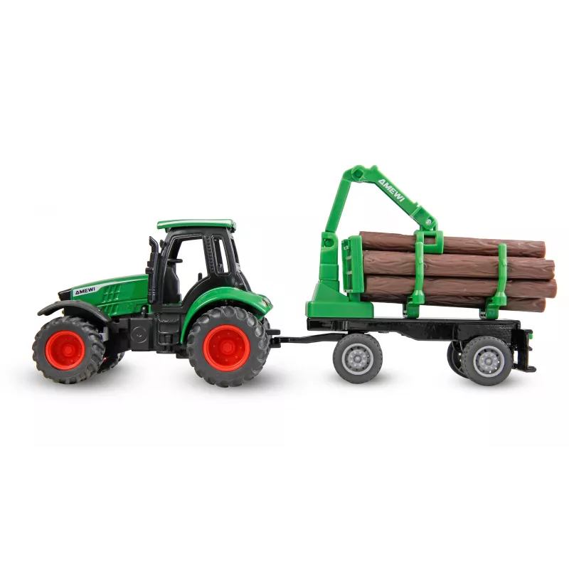 Tractor metálico Amewi con remolque forestal, 1:64, RTR, verde