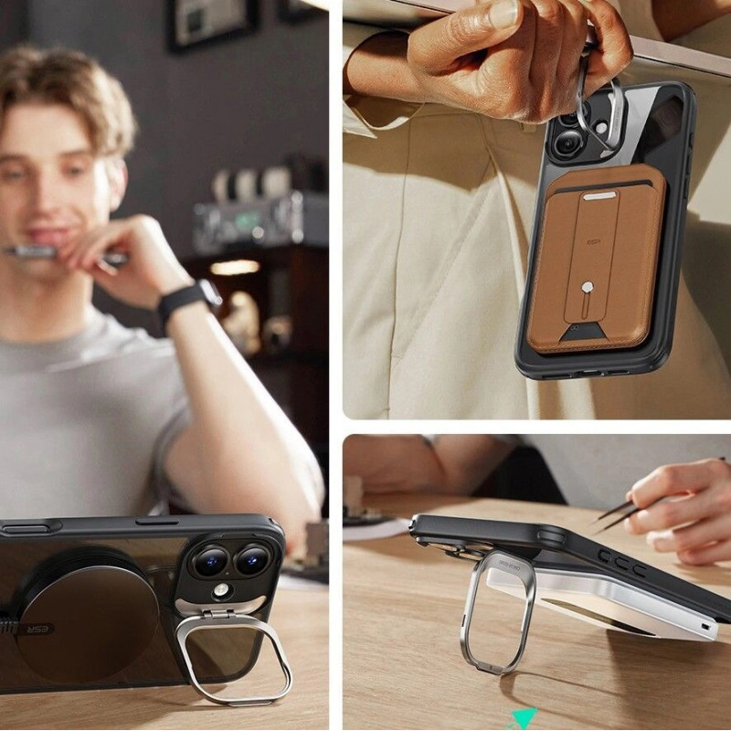 Funda ESR Classic Hybrid Kickstand HaloLock MagSafe con cristal templado para Apple iPhone 16, transparente/negra
