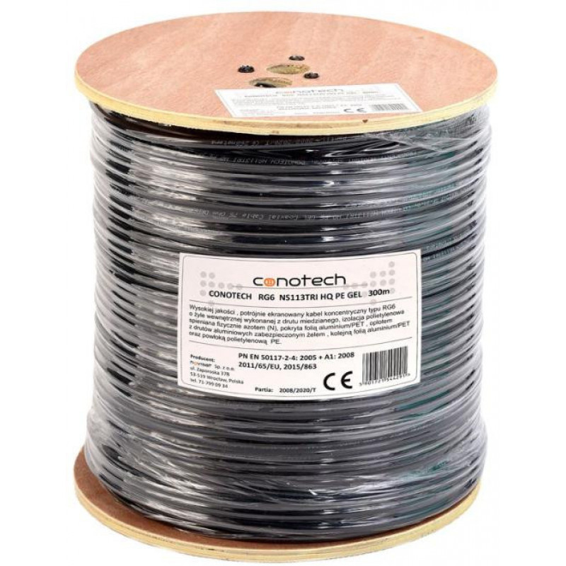Cable coaxial gelificado Conotech NS113TRI HQ PE, negro, 300 m