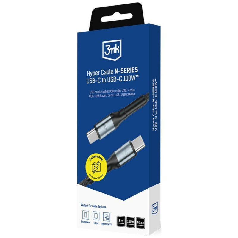 Cable 3MK Hyper Cable N-SERIES USB-C a USB-C, 3 m, 100 W, negro
