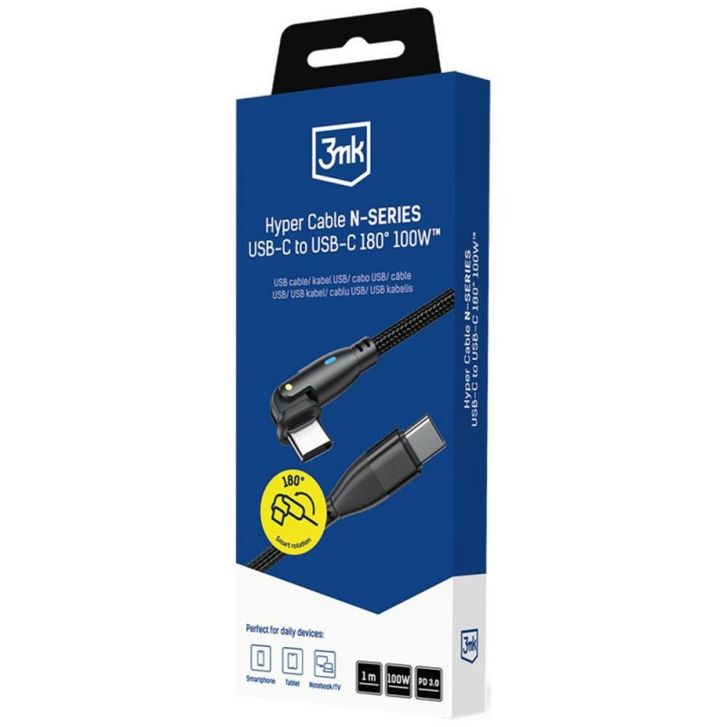 Cable 3MK Hyper Cable N-SERIES USB-C a USB-C con conector giratorio de 180°, 1 m, 100 W, negro