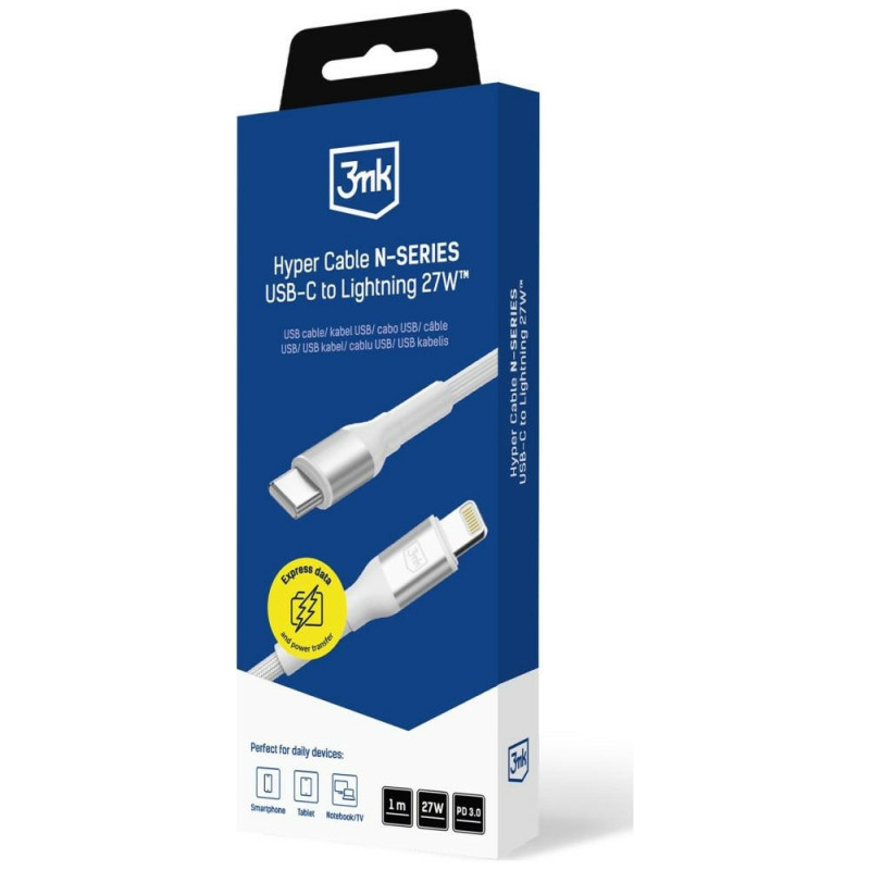 Cable 3MK Hyper Cable N-SERIES USB-C a Lightning, 1 m, 27 W, Blanco