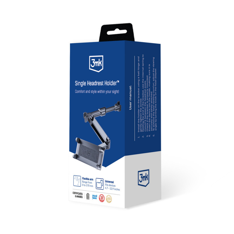 Soporte de coche para reposacabezas 3MK Single Headrest Holder para teléfonos y tablets 4.7"-12.9", negro