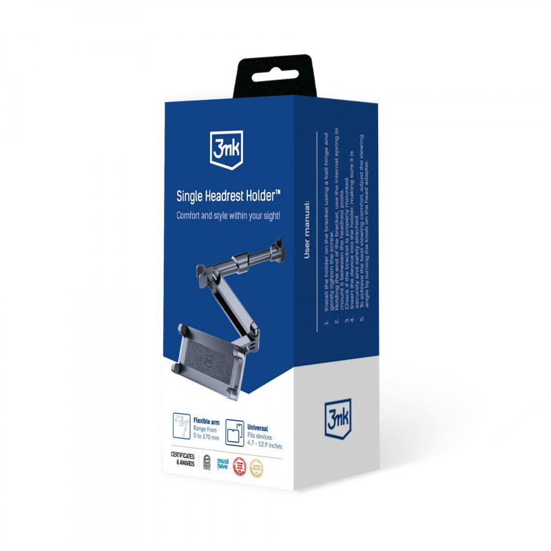 Soporte de coche para reposacabezas 3MK Single Headrest Holder para teléfonos y tablets 4.7"-12.9", negro