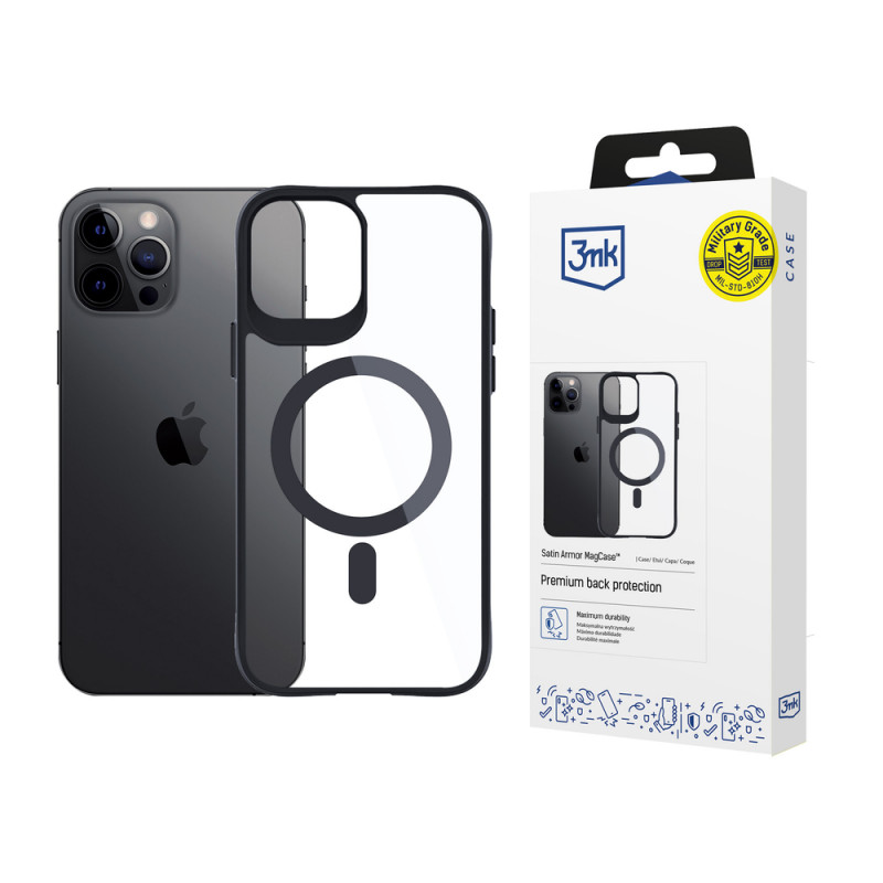 Funda 3MK Satin Armor MagCase con MagSafe para Apple iPhone 12 Pro Max, transparente con marco negro