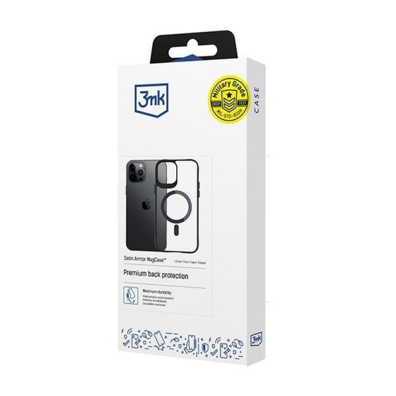 Funda 3MK Satin Armor MagCase con MagSafe para Apple iPhone 12 Pro Max, transparente con marco negro