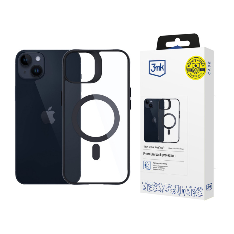 Funda 3MK Satin Armor MagCase con MagSafe para Apple iPhone 14 Plus, Transparente con Marco Negro (156076-0)