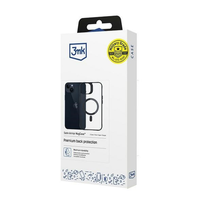 Funda 3MK Satin Armor MagCase con MagSafe para Apple iPhone 14 Plus, Transparente con Marco Negro (156076-0)