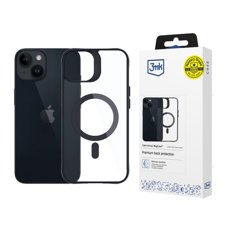 Funda 3MK Satin Armor MagCase con MagSafe para Apple iPhone 13 / 14, transparente con marco negro (156075-0)