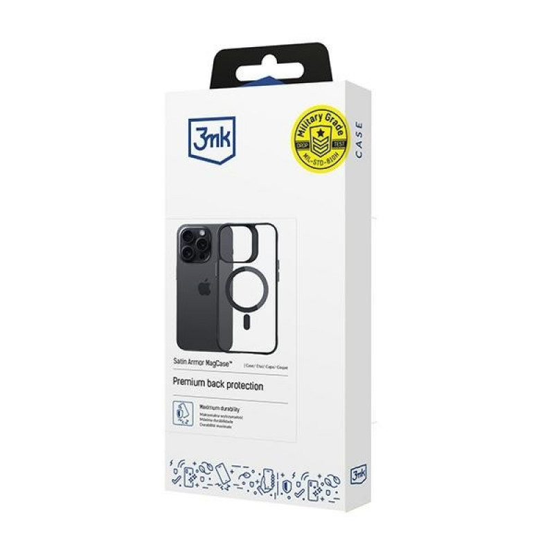 Funda 3MK Satin Armor MagCase con MagSafe para Apple iPhone 15 Pro, transparente con marco negro