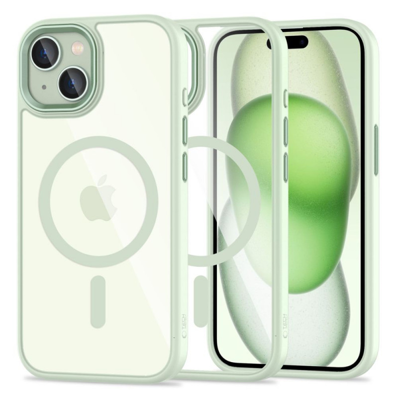 Funda Tech-Protect MagMat MagSafe para Apple iPhone 15, verde/transparente