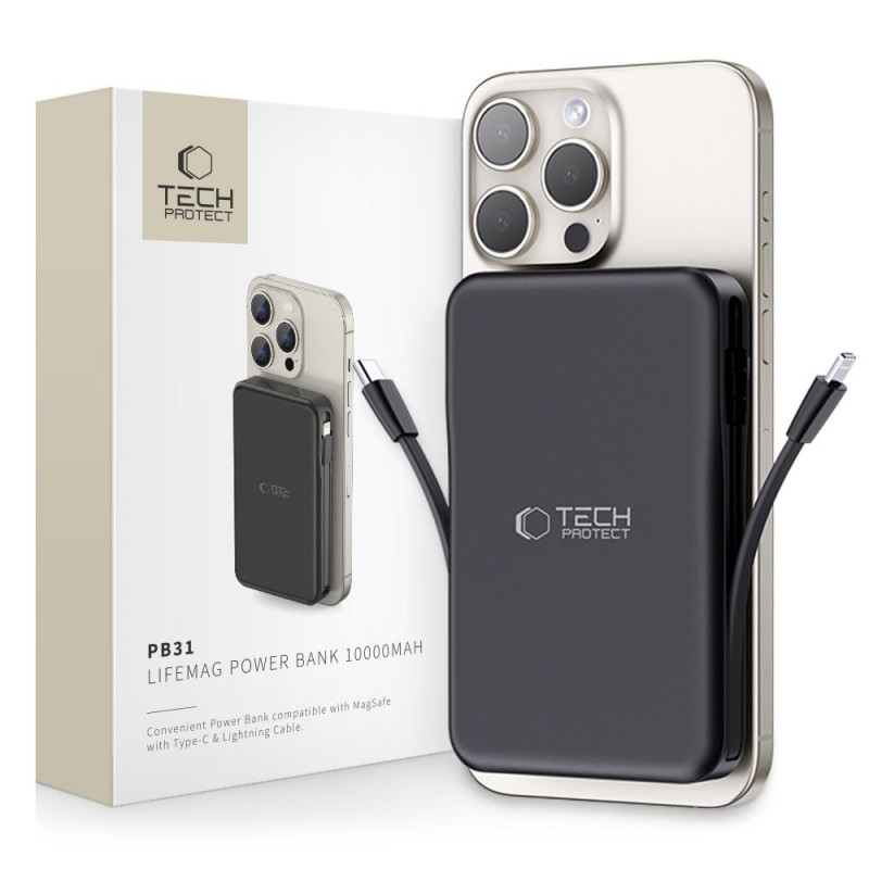 Tech-Protect PB31 LifeMag MagSafe batería externa 10000 mAh, 15 W, Negra