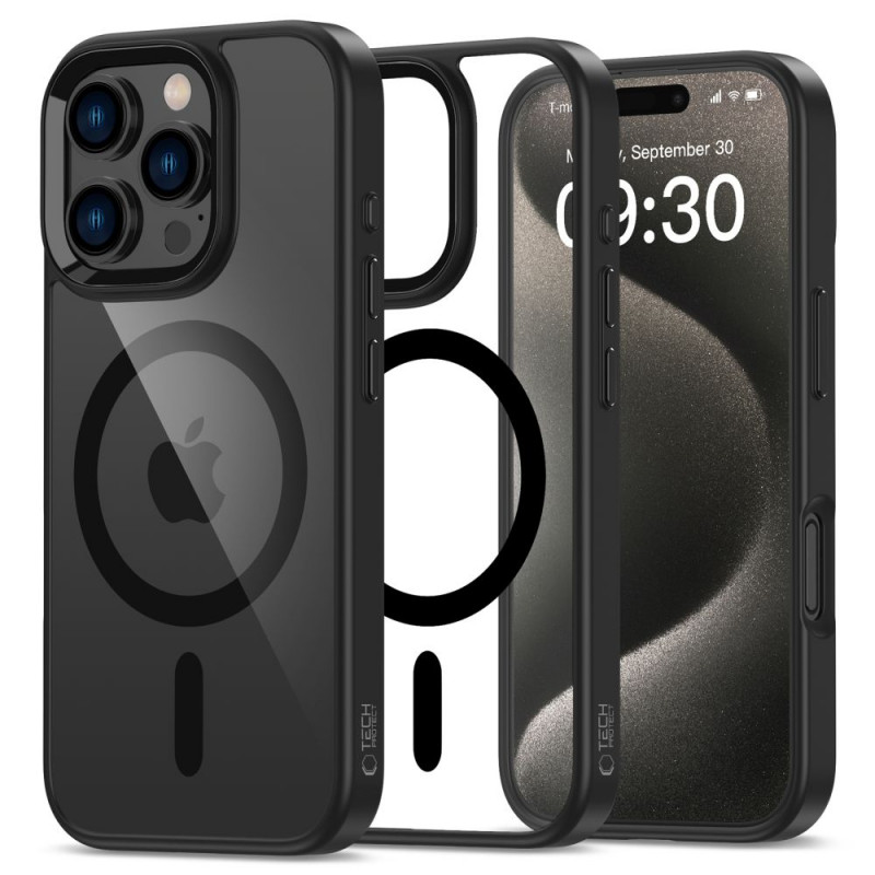 Funda Tech-Protect MagMat MagSafe para Apple iPhone 16 Pro, negra/transparente