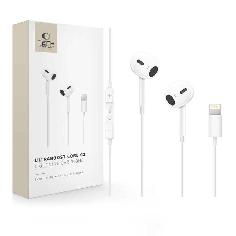 Auriculares con cable Tech-Protect Ultraboost Core G2 Lightning, blancos (THP4681)