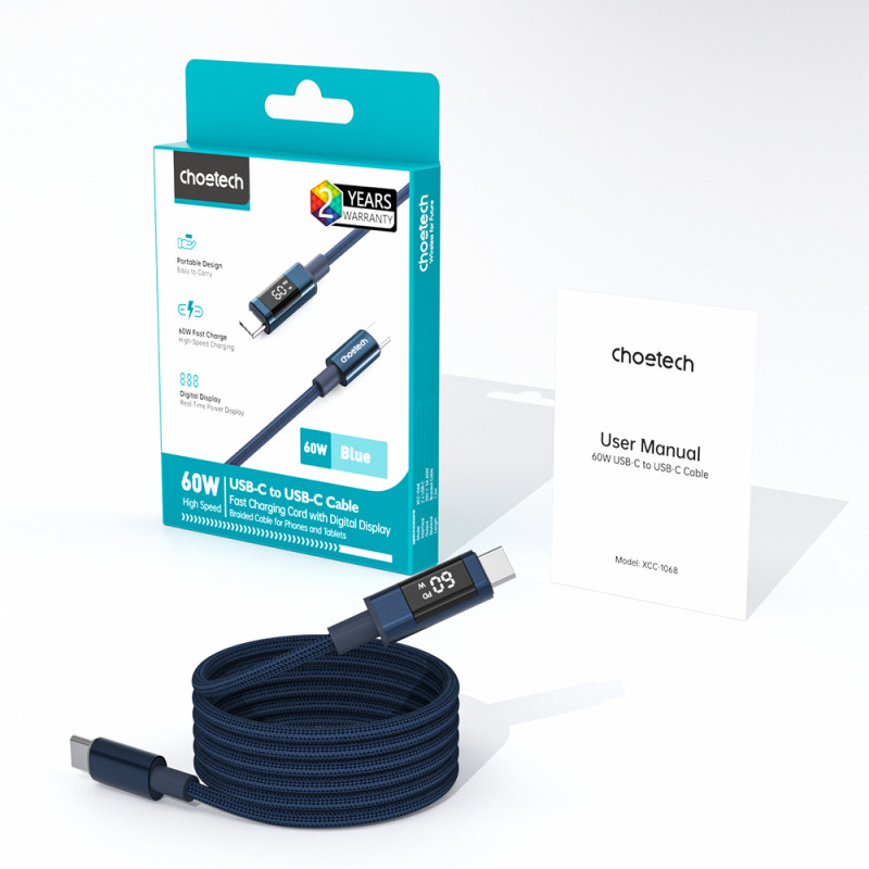 Cable USB-C a USB-C Choetech XCC-1068 PD 60W con pantalla, 1,2 m, azul