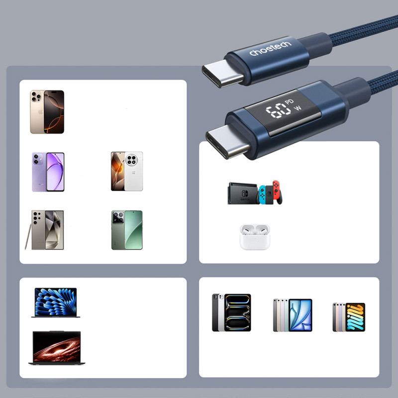 Cable USB-C a USB-C Choetech XCC-1068 PD 60W con pantalla, 1,2 m, azul