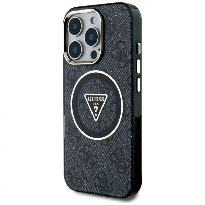 Funda MagSafe Guess GUHMP16LHG4PRTGK IML Metal Glitter 4G Circle Triangle para Apple iPhone 16 Pro, negra