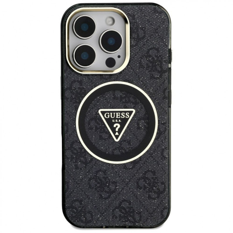 Funda MagSafe Guess GUHMP16LHG4PRTGK IML Metal Glitter 4G Circle Triangle para Apple iPhone 16 Pro, negra