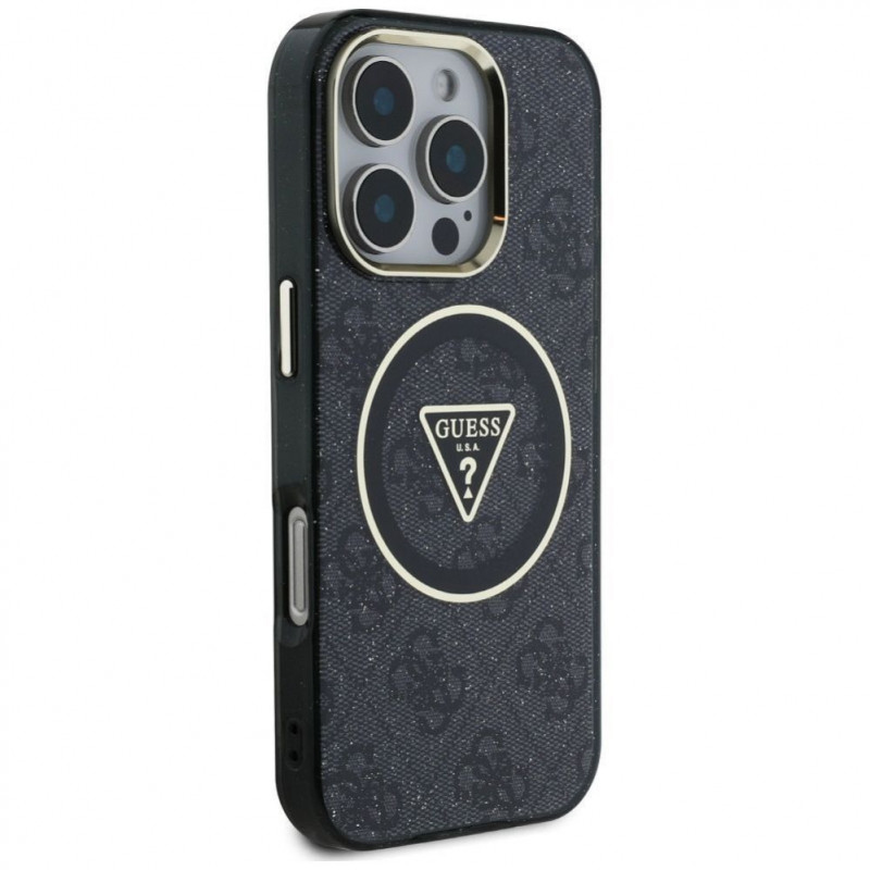 Funda MagSafe Guess GUHMP16LHG4PRTGK IML Metal Glitter 4G Circle Triangle para Apple iPhone 16 Pro, negra