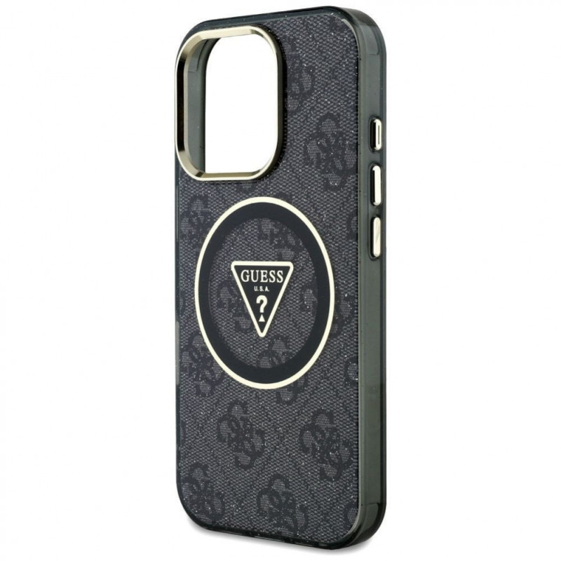 Funda MagSafe Guess GUHMP16LHG4PRTGK IML Metal Glitter 4G Circle Triangle para Apple iPhone 16 Pro, negra