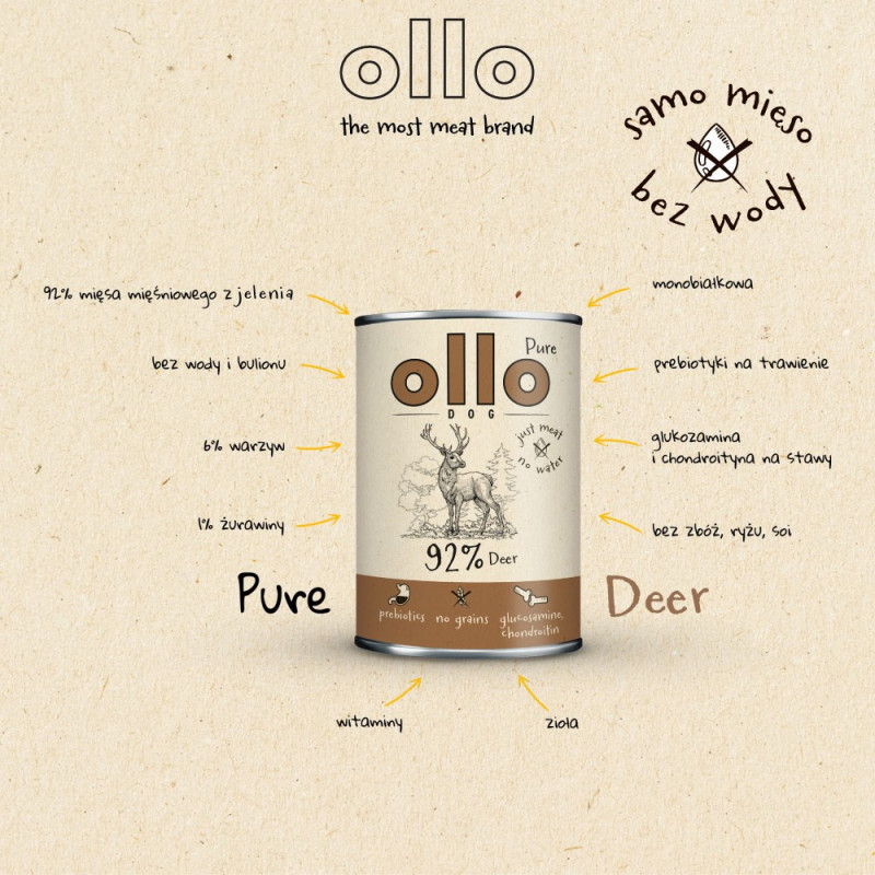 Comida húmeda para perros OLLO Pure Deer, 850 g