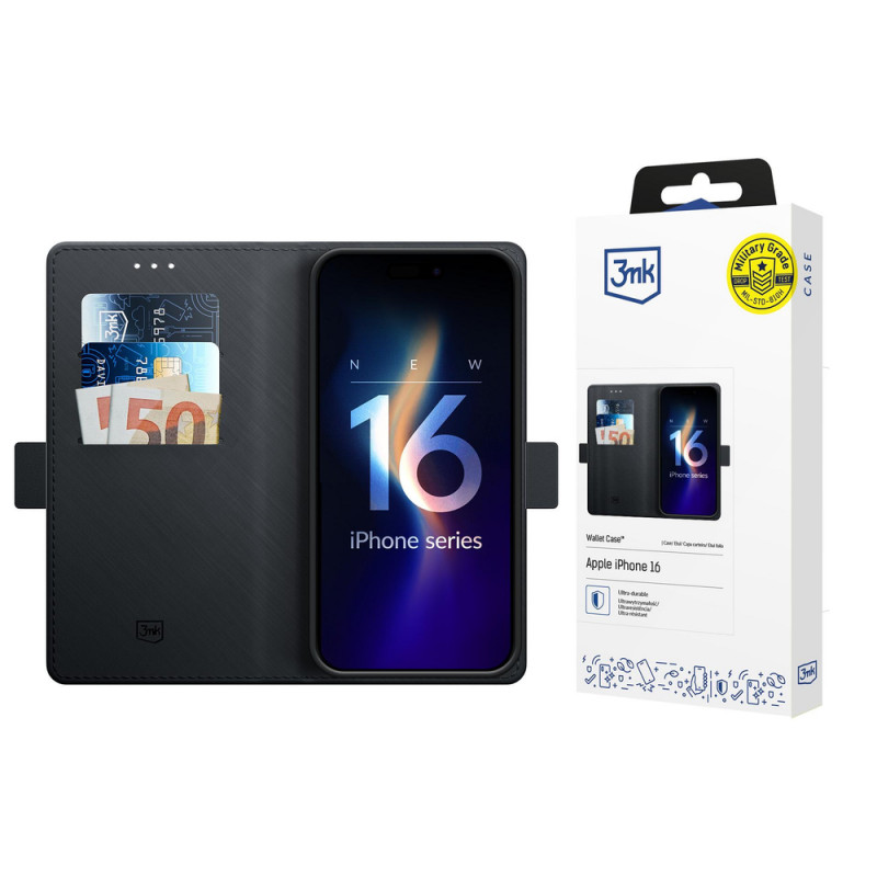Funda tipo cartera 3MK para Apple iPhone 16, negra