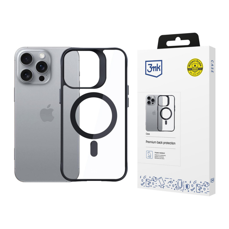 Funda 3mk Satin Armor MagCase con MagSafe para Apple iPhone 16 Pro, transparente con marco negro