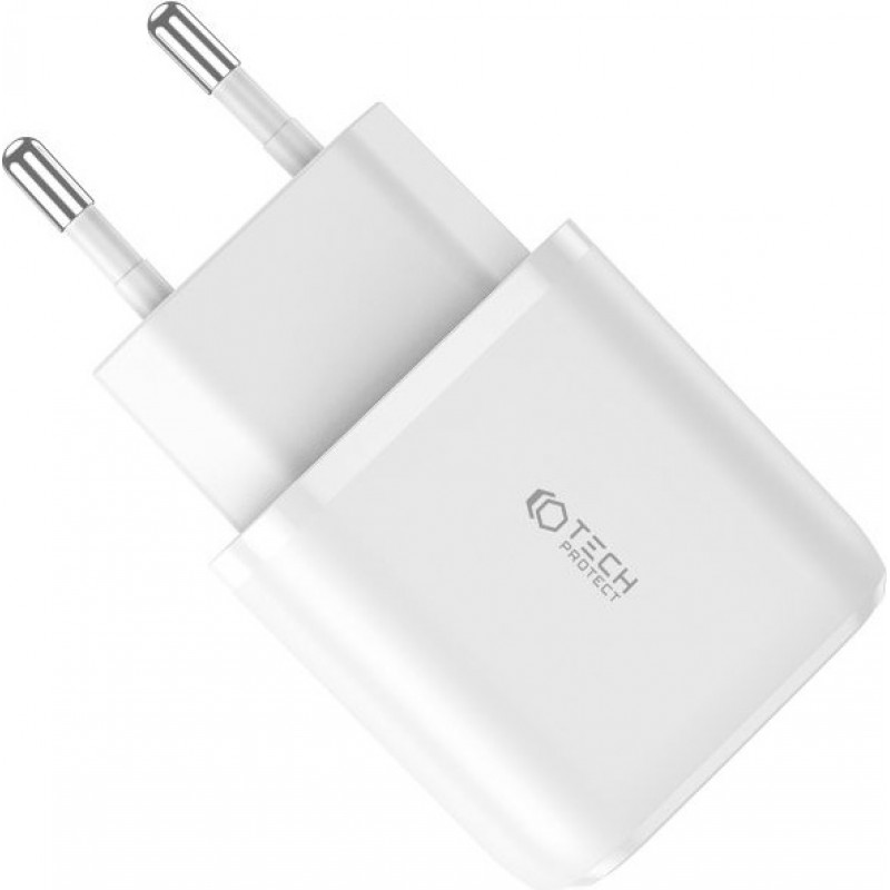 Cargador de pared Tech-Protect C20W de 2 puertos, USB-C PD 20W y USB-A QC 3.0, blanco