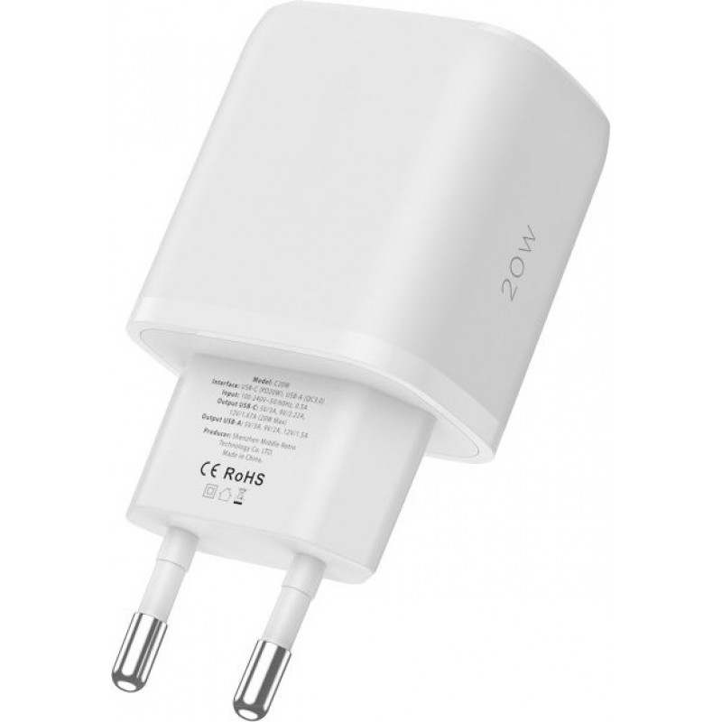 Cargador de pared Tech-Protect C20W de 2 puertos, USB-C PD 20W y USB-A QC 3.0, blanco