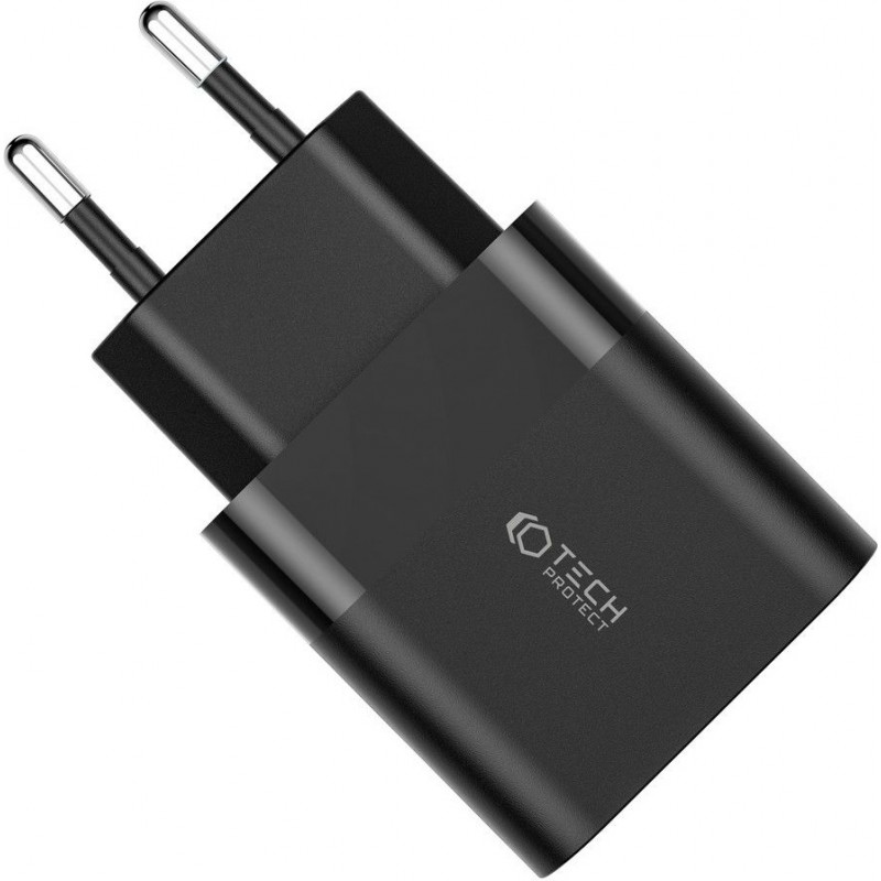 Cargador de pared Tech-Protect C30W de 2 puertos, USB-C PD 30W y USB-A QC 3.0, negro