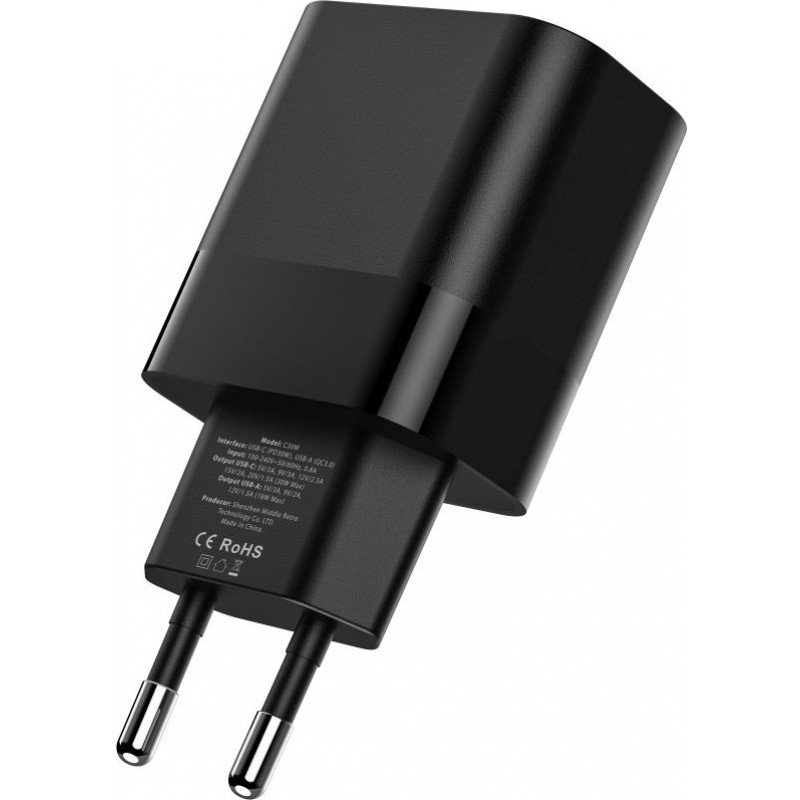 Cargador de pared Tech-Protect C30W de 2 puertos, USB-C PD 30W y USB-A QC 3.0, negro