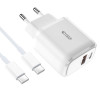 Cargador de pared Tech-Protect C20W de 2 puertos PD 20W QC 3.0 con cable USB-C, blanco