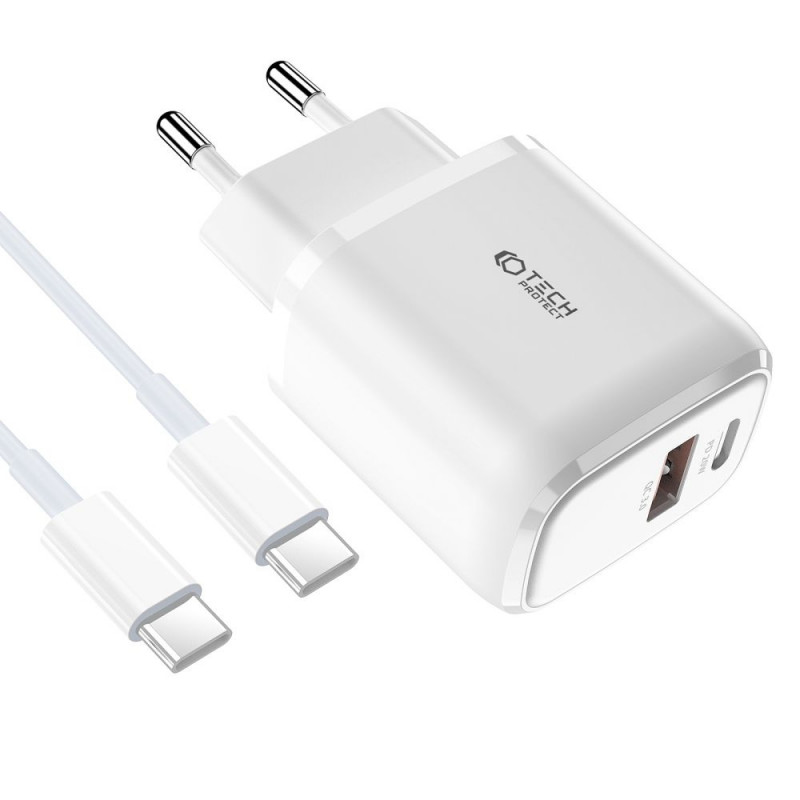 Cargador de pared Tech-Protect C20W de 2 puertos PD 20W QC 3.0 con cable USB-C, blanco