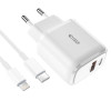 Cargador de pared Tech-Protect C20W de 2 puertos PD 20W QC 3.0 con cable Lightning, blanco