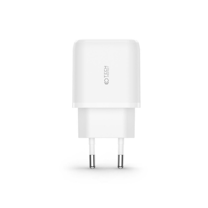 Cargador de pared Tech-Protect C20W de 2 puertos PD 20W QC 3.0 con cable Lightning, blanco