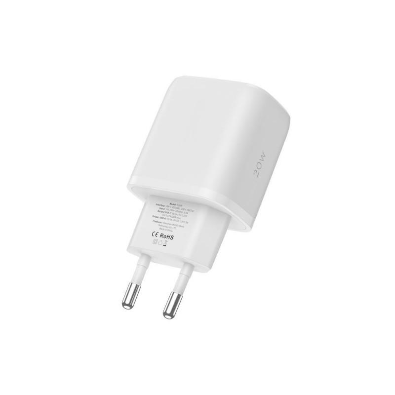 Cargador de pared Tech-Protect C20W de 2 puertos PD 20W QC 3.0 con cable Lightning, blanco
