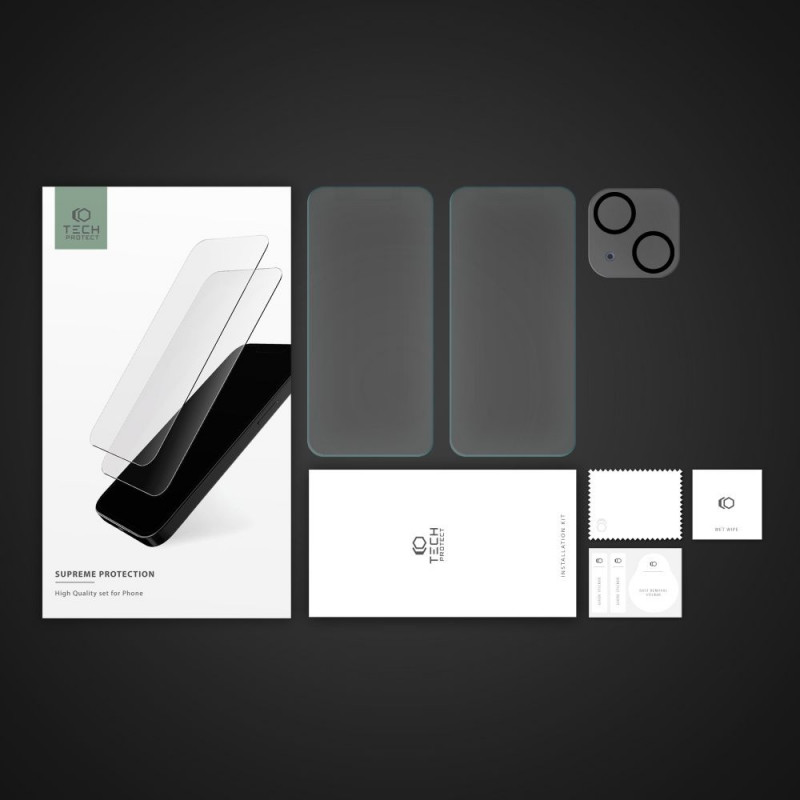 Tech-Protect Supreme Set vidrio templado para Apple iPhone 15, transparente (2+1 uds.)