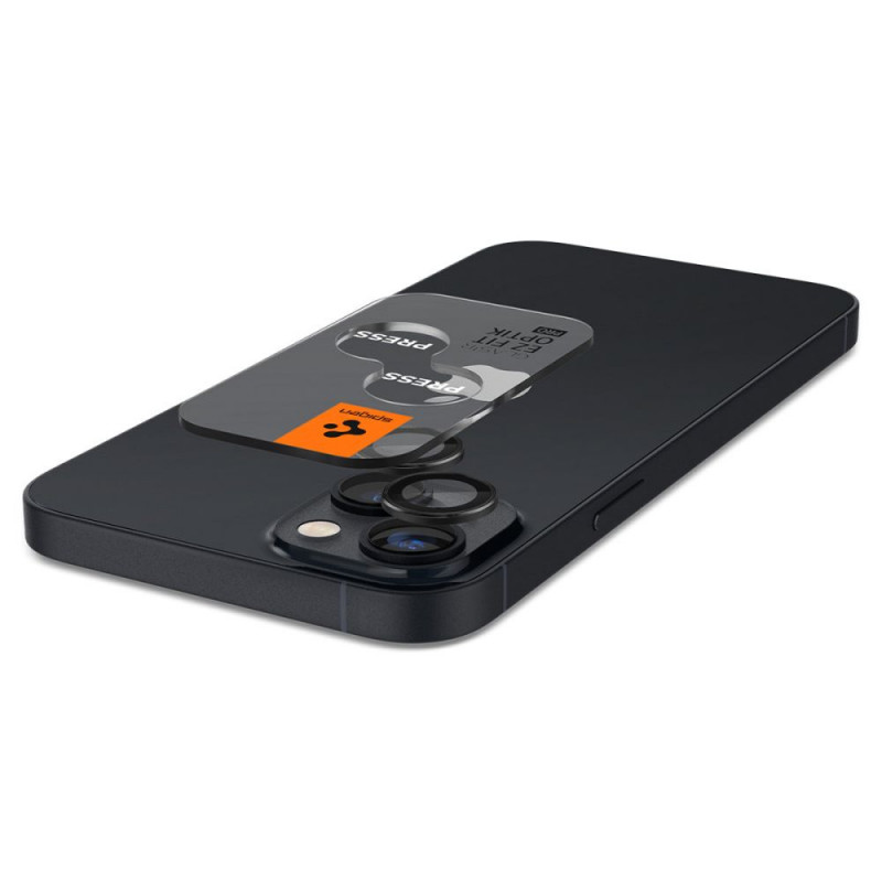 Protector de lente de cámara Spigen Optik.tR EZ Fit para Apple iPhone 14 / 14 Plus / 15 / 15 Plus, negro (2 uds.)
