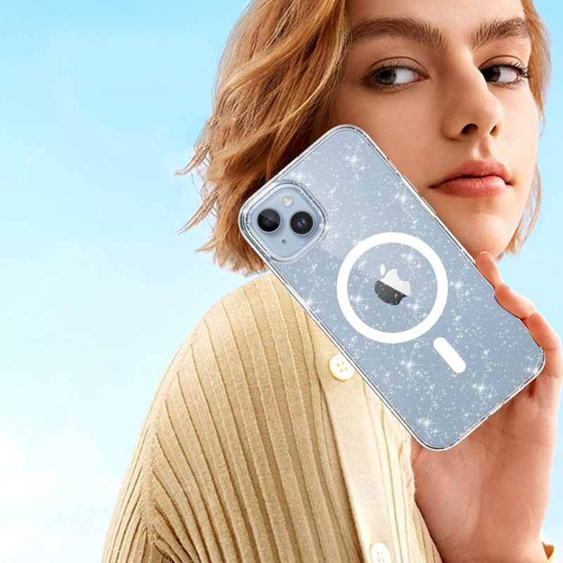 Funda Tech-Protect FlexAir Hybrid MagSafe para Apple iPhone 15, transparente con purpurina